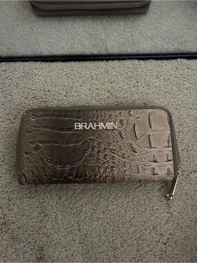 Brahmin Metallic Taupe Croc-Embossed Zip Around Wallet